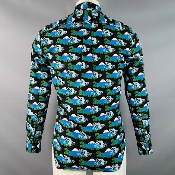 Size S Blue Black Mt. Fuji Cotton Button Down Collar Long Sleeve Shirt - Picture 4 of 6